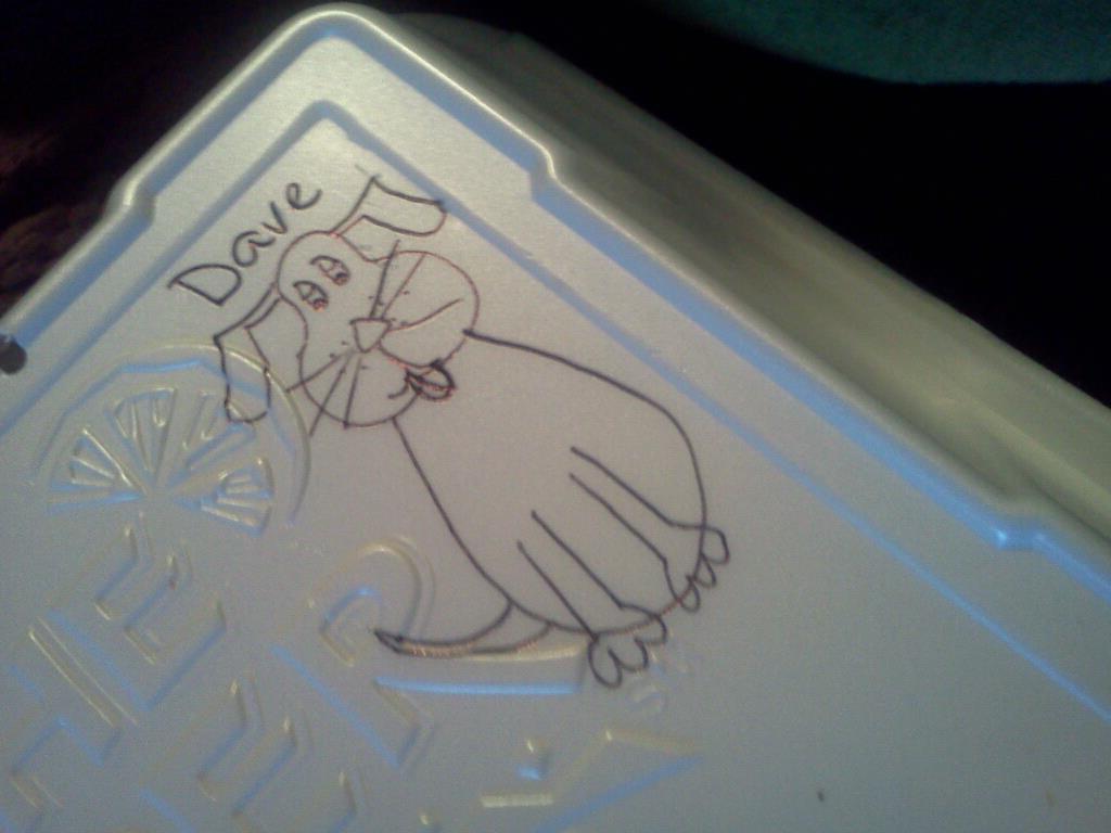 On the Border takeout box with either a rabbit or a dog drawn on it.