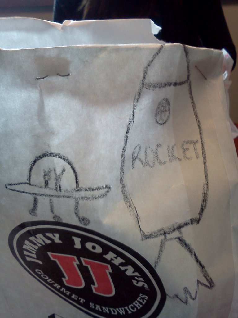 Sandwich bag from Jimmy John's with a spaceship on it.