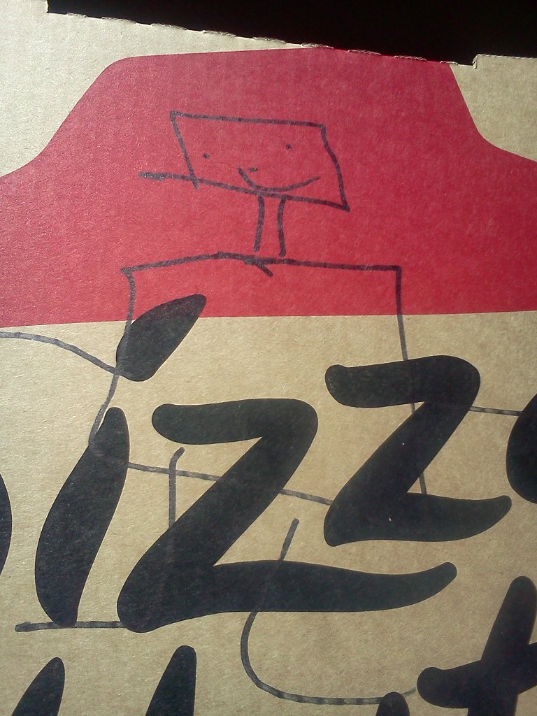 A robot drawn on a Pizza Hut box.