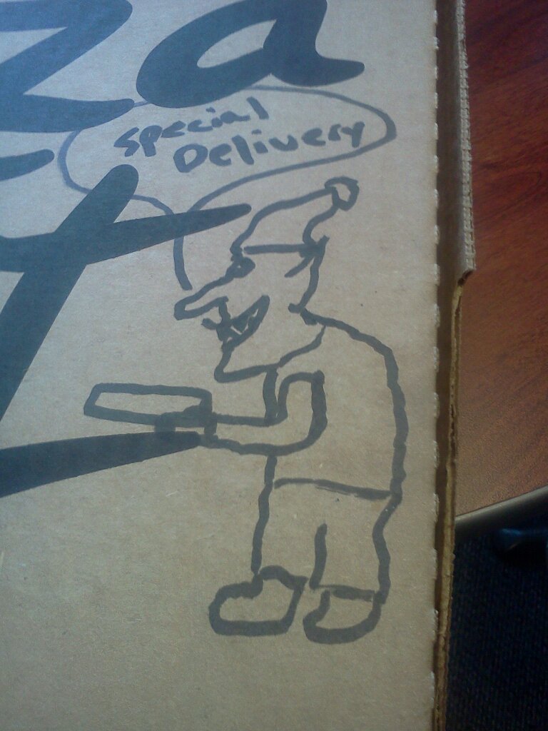 Creepy gnome saying 'special delivery' drawn on a Pizza Hut box.