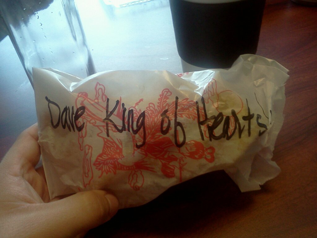 'Dave King of Hearts' written on a crab rangoon wrapper.