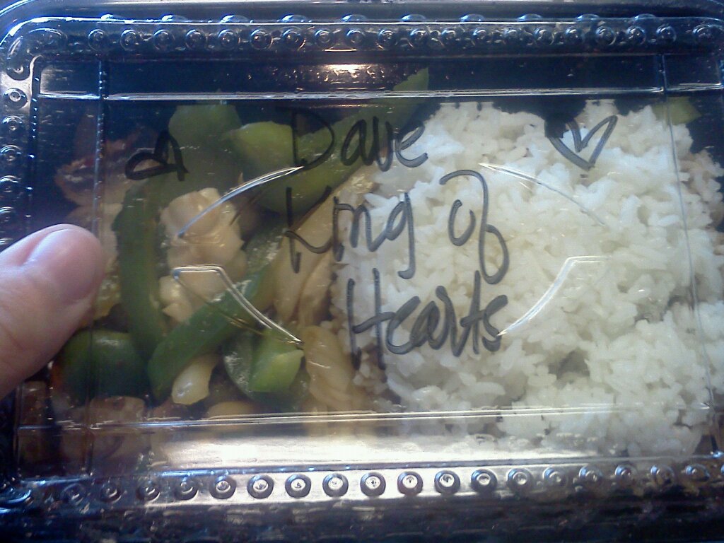 'Dave King of Hearts' written on a Thai Fusion takeout box.